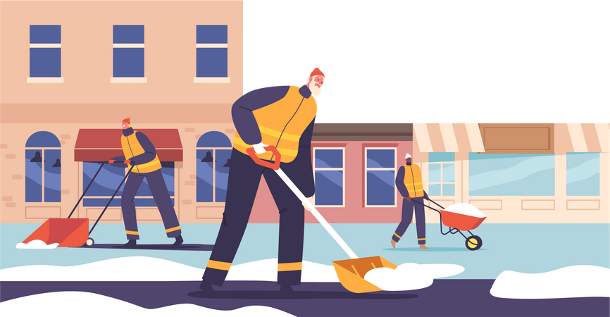 Une équipe de personnages dédiés au nettoyage en action, déneigeant avec diligence les rues de la ville  Illustration