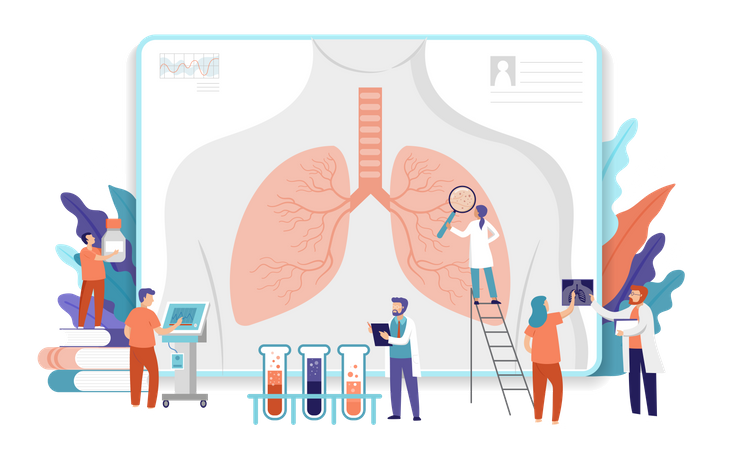 Equipe de pesquisa médica fazendo pesquisas sobre pulmões  Ilustração