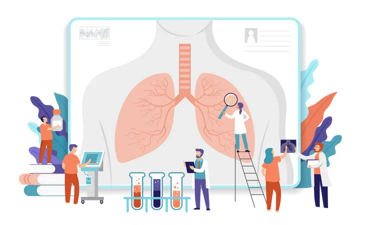 Equipe de pesquisa médica fazendo pesquisas sobre pulmões  Ilustração