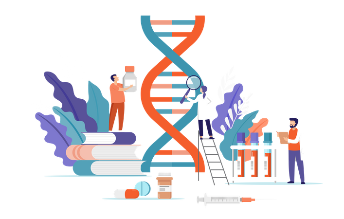 Equipe de pesquisa médica fazendo pesquisas sobre DNA  Ilustração