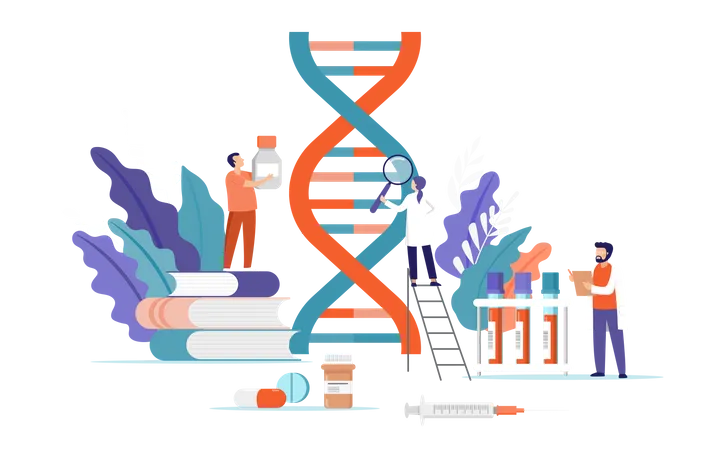 Equipe de pesquisa médica fazendo pesquisas sobre DNA  Ilustração