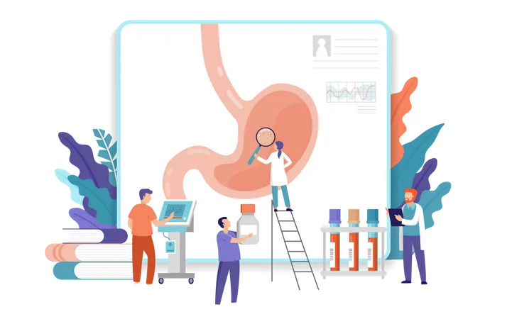 Equipe de pesquisa médica fazendo pesquisas sobre gastroscopia  Ilustração