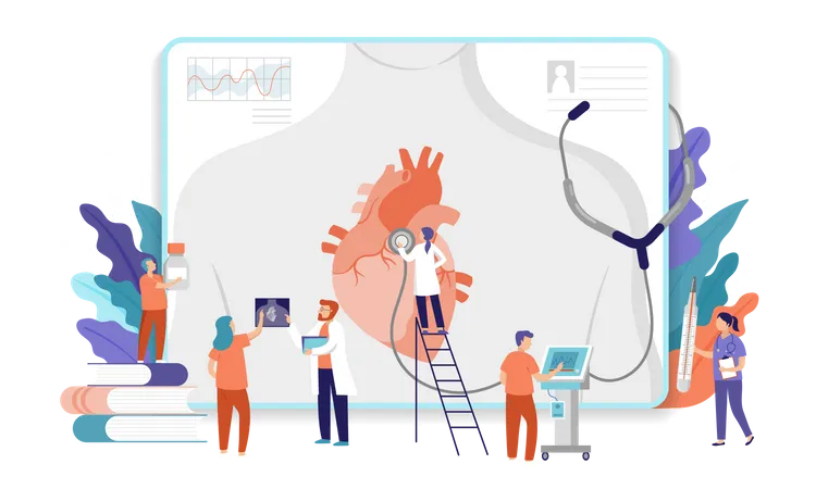 Equipe de pesquisa médica fazendo pesquisas sobre o coração  Ilustração