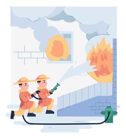 Équipe de pompiers éteignant l'incendie à l'aide d'une bouche d'incendie  Illustration