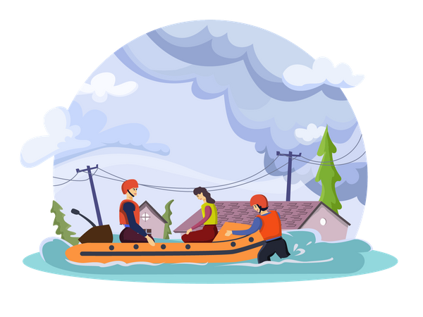 Equipe de resgate salva pessoas em enchente  Ilustração