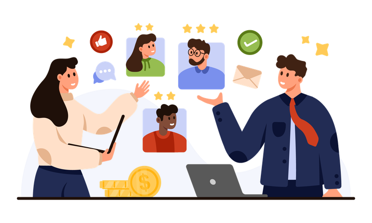 Equipe de RH discutindo avaliação de desempenho dos funcionários  Ilustração