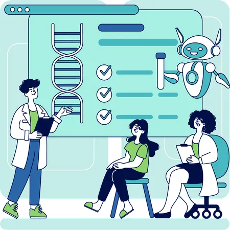 Une équipe de scientifiques discute du rapport sur les tests génétiques  Illustration