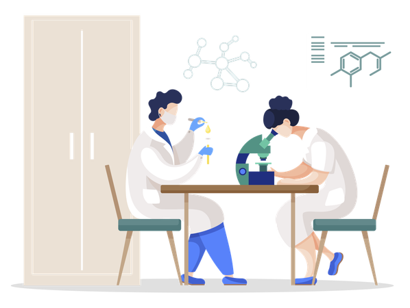 Équipe de scientifiques en laboratoire, chimistes en laboratoire  Illustration