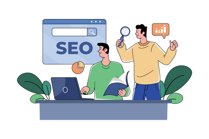 Equipe de SEO trabalha em pesquisas de SEO  Ilustração