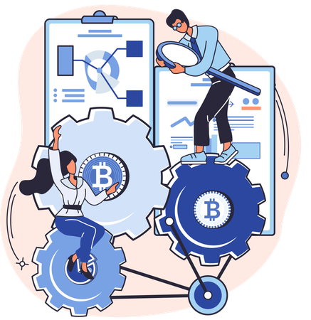 Equipe de trabalhadores trabalha no gráfico do bitcoin  Ilustração