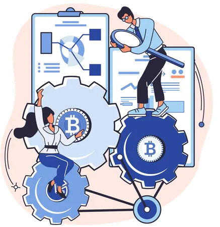 Equipe de trabalhadores trabalha no gráfico do bitcoin  Ilustração