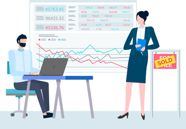 Équipe d'employés travaillant sur les données boursières  Illustration