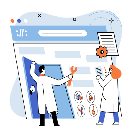 L'équipe d'employés travaille ensemble pour la configuration du système  Illustration