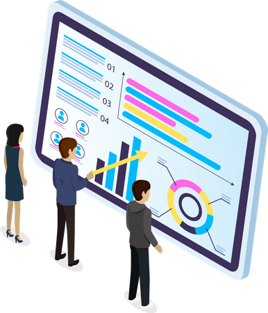 Équipe commerciale effectuant l'analyse des données, concepts pour l'analyse commerciale et le travail d'équipe de conseil en planification  Illustration