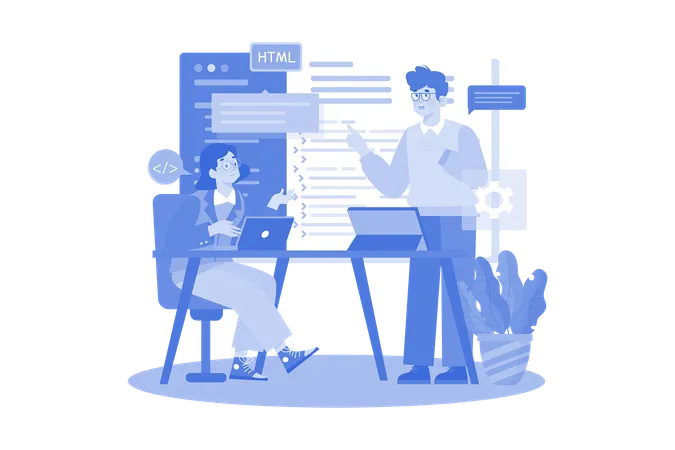 Équipe discutant de la programmation de code pour une application ou un site Web  Illustration