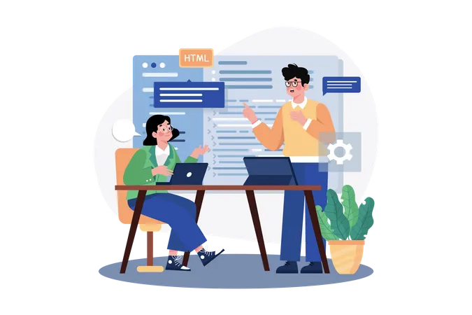 Équipe discutant de la programmation de code pour une application ou un site Web  Illustration