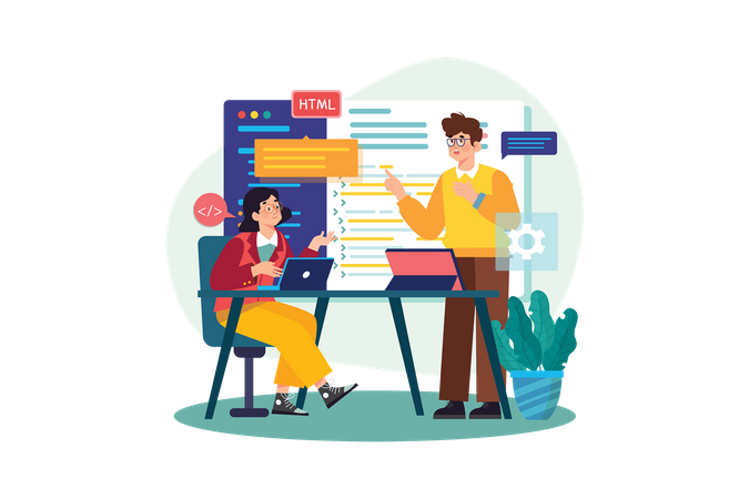Équipe discutant de la programmation de code pour une application ou un site Web  Illustration