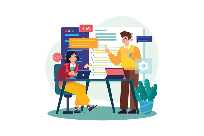 Équipe discutant de la programmation de code pour une application ou un site Web  Illustration