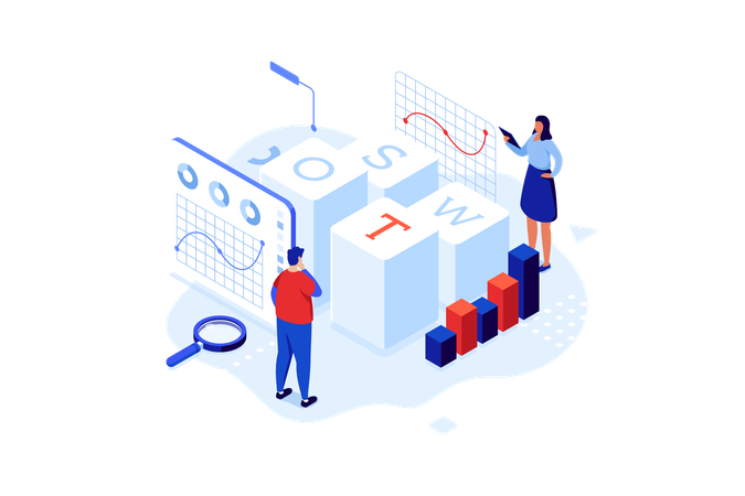 Equipe discute sobre negócios SWOT  Ilustração