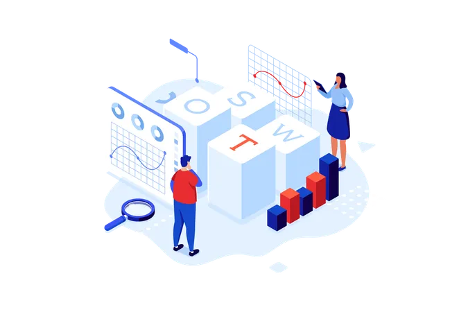 Equipe discute sobre negócios SWOT  Ilustração