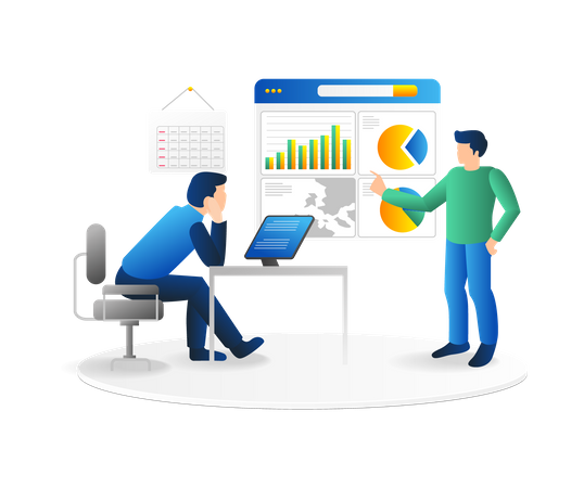 Equipe discutindo sobre análise de desenvolvimento de negócios  Ilustração