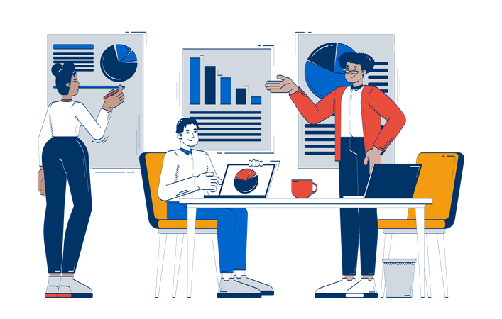 Equipe diversificada analisando gráficos de negócios no escritório  Ilustração