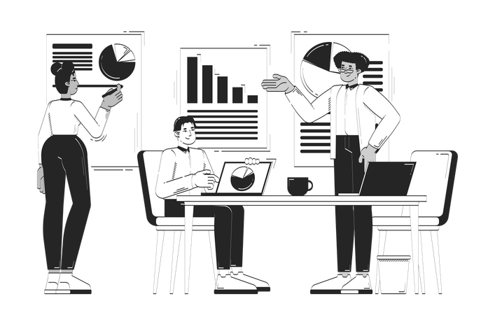 Equipe diversificada analisando gráficos de negócios no escritório  Ilustração