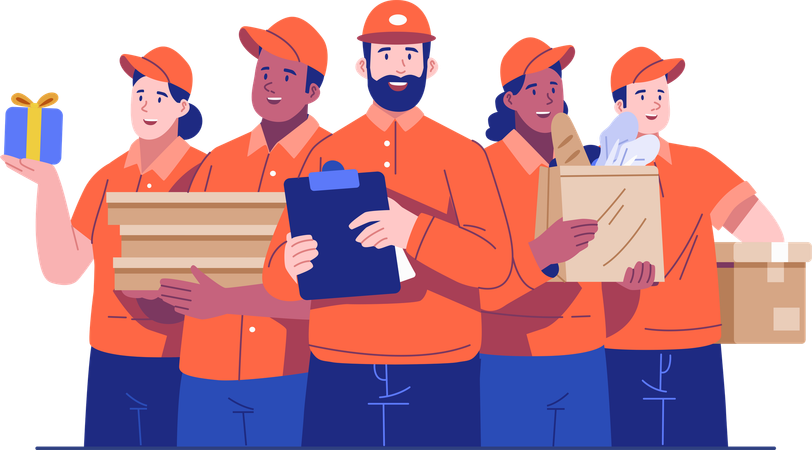 Équipe diversifiée de coursiers du service de livraison de nourriture  Illustration