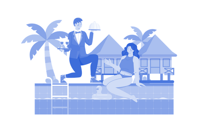 Funcionários do resort de praia servindo bebidas à beira da piscina  Ilustração