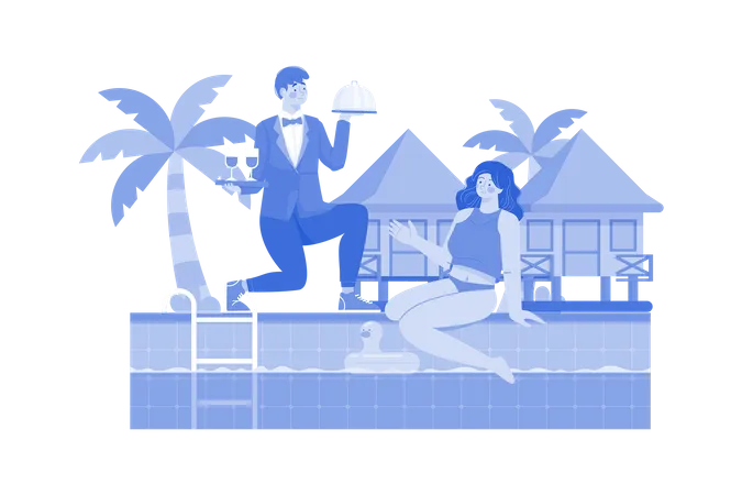 Funcionários do resort de praia servindo bebidas à beira da piscina  Ilustração