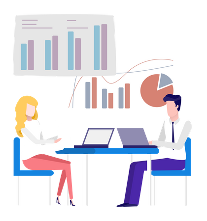 Équipe effectuant l'analyse des données commerciales  Illustration