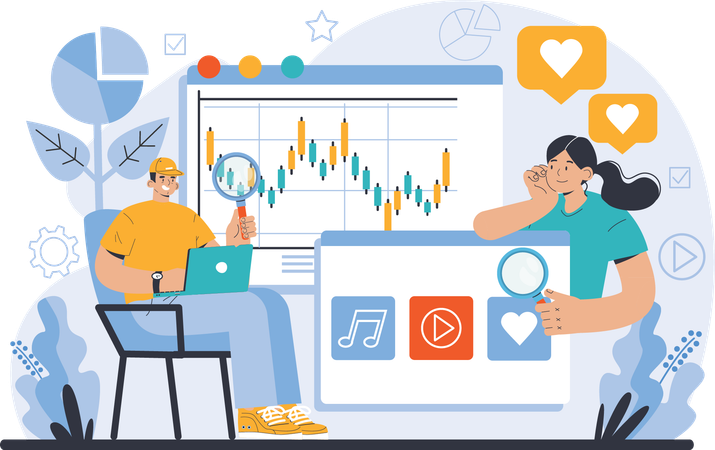 Équipe effectuant des analyses de données en ligne  Illustration