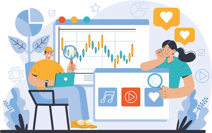 Équipe effectuant des analyses de données en ligne  Illustration