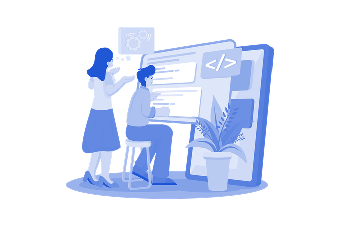 Equipe escreve programação de código para aplicativo ou site  Ilustração