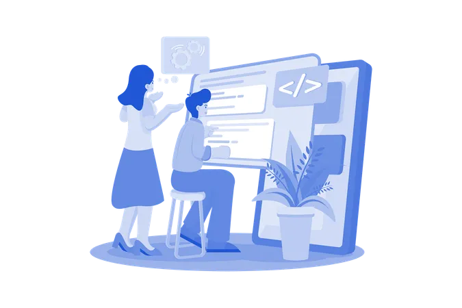 Equipe escreve programação de código para aplicativo ou site  Ilustração