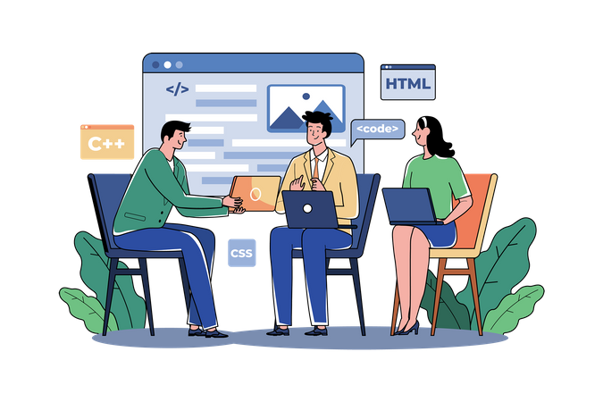 Equipe escreve programação de código para aplicativo ou site  Ilustração
