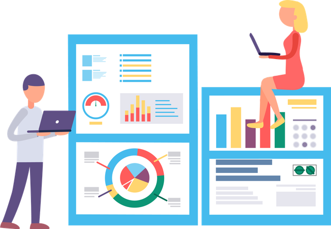 Equipe explorando estatísticas e gráficos analíticos  Ilustração