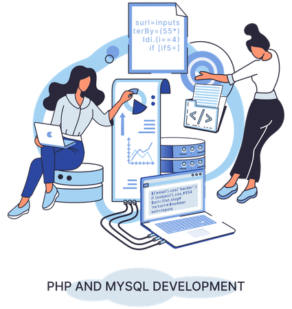 Equipe feminina trabalhando no desenvolvimento de PHP e MySql  Ilustração