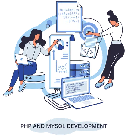 Equipe feminina trabalhando no desenvolvimento de PHP e MySql  Ilustração