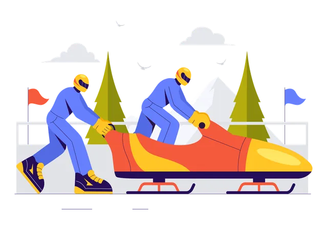 Equipe jogando Bobsleigh Sport  Ilustração