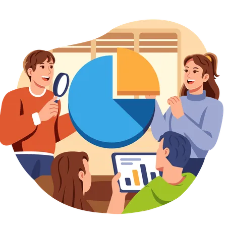 Équipe marketing inspectant les analyses commerciales  Illustration