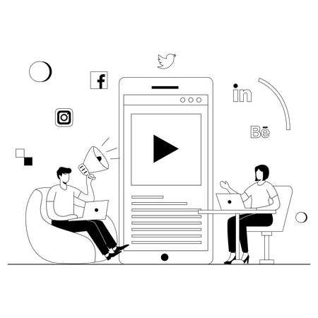 Équipe marketing travaillant sur le marketing des médias sociaux  Illustration