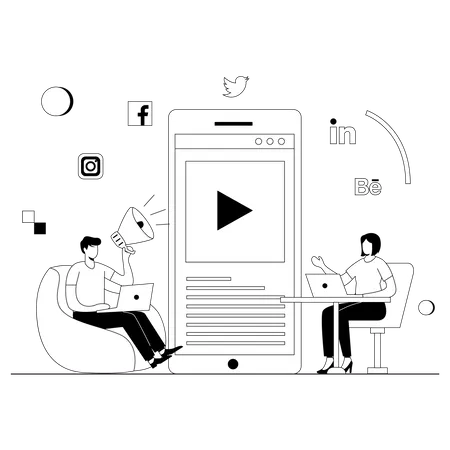 Équipe marketing travaillant sur le marketing des médias sociaux  Illustration