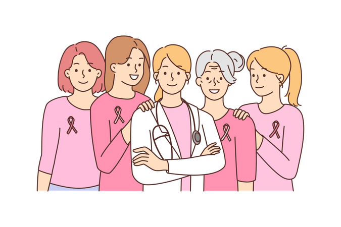 Médica com equipe de câncer  Ilustração
