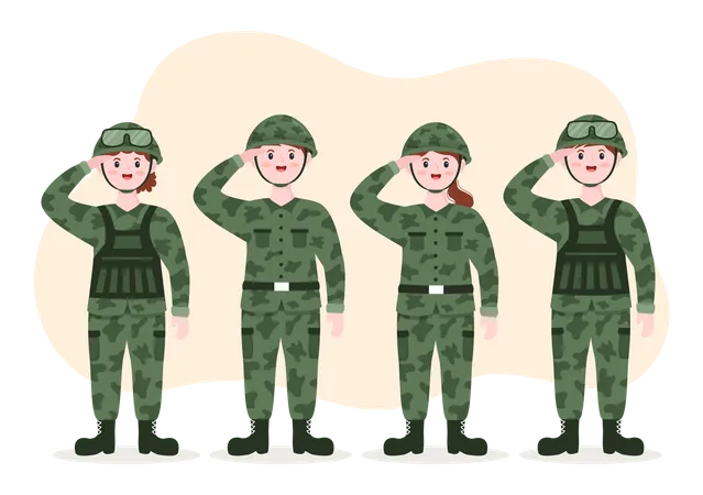Modelo De Forca Militar Do Exercito Desenhado A Mao Bonito Desenho Animado Ilustracao Plana Com Soldado Arma Tanque Ou Equipamento Pesado De Protecao Ilustração