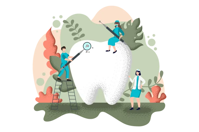 Equipe odontológica limpando os dentes  Ilustração