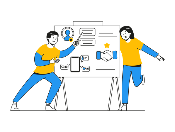 Équipe présentant l'analyse de l'engagement social  Illustration