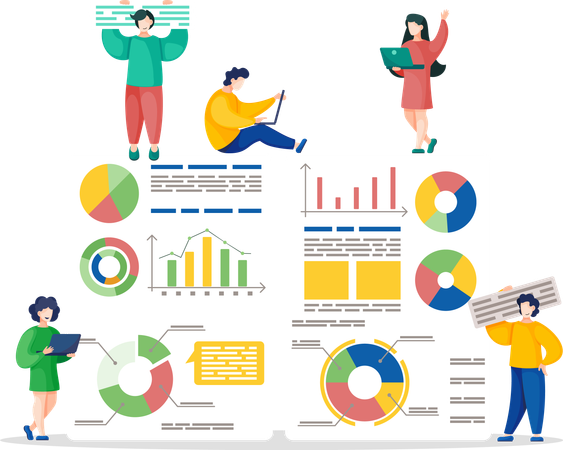 Equipe apresenta relatórios de negócios com gráfico analítico  Ilustração