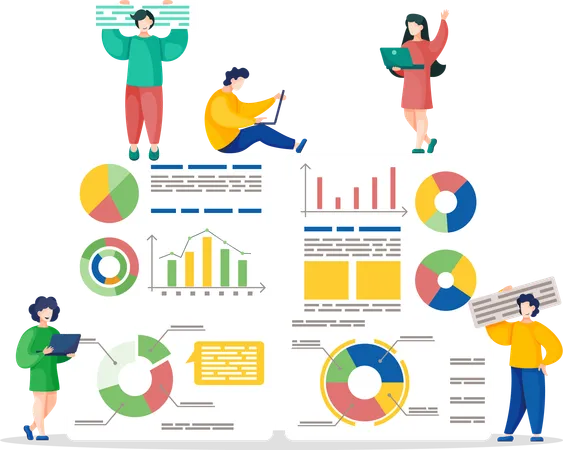 Equipe apresenta relatórios de negócios com gráfico analítico  Ilustração