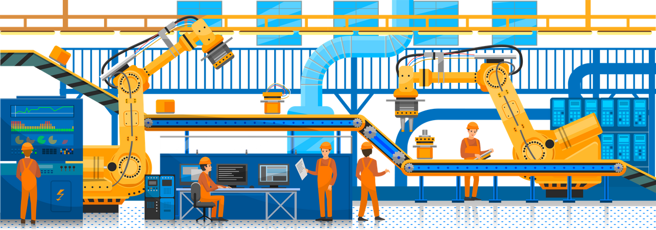 A equipe técnica trabalha com tecnologias na fábrica  Ilustração